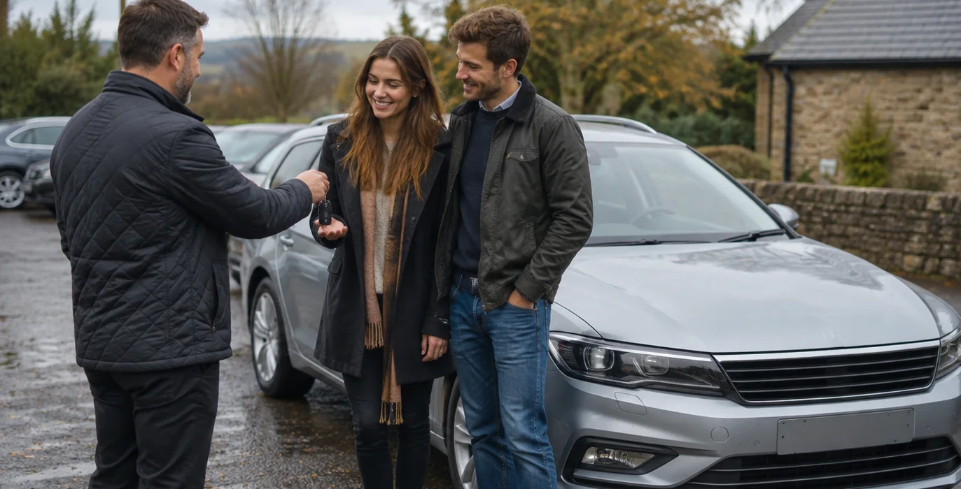 A member of the Ridgeway team handing car keys to a couple beside a silver estate on the forecourt