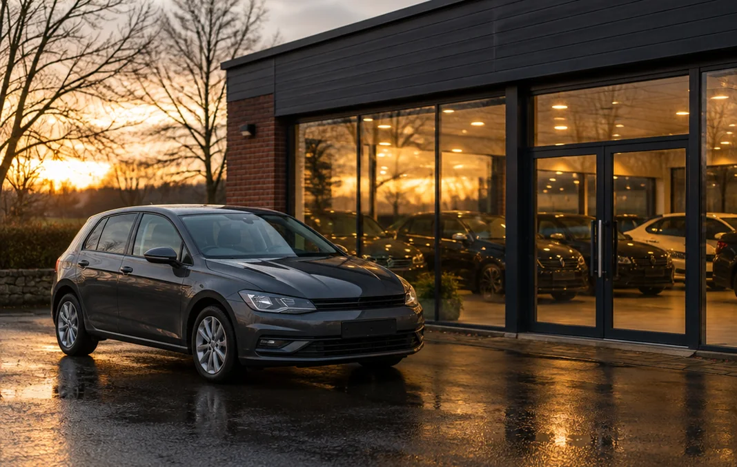 The lit glass frontage of the Ridgeway showroom at golden hour, a dark hatchback parked outside