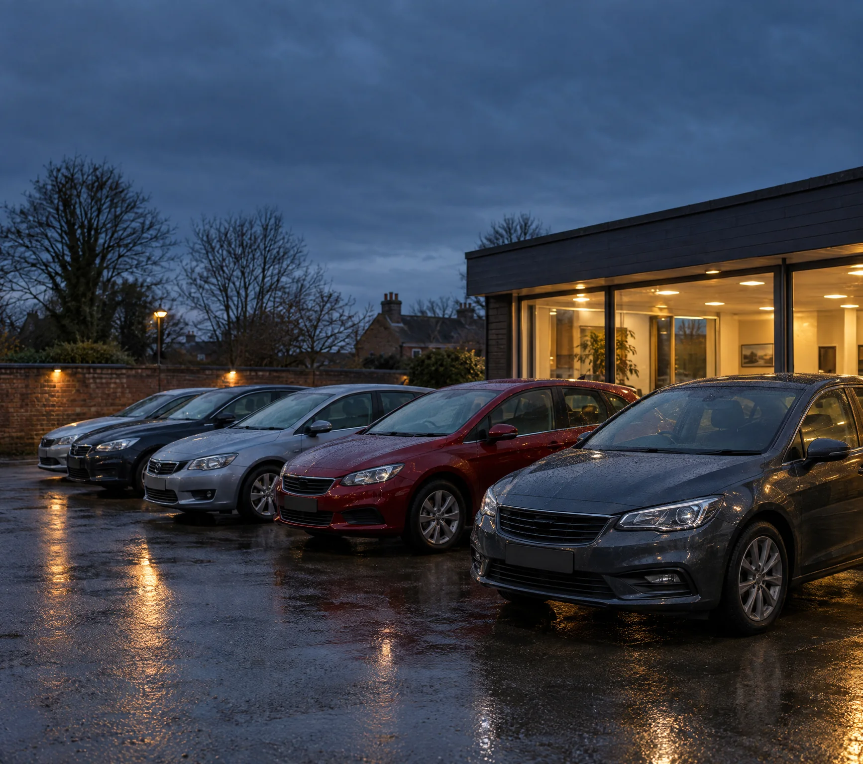 A row of used cars parked on a wet forecourt at dusk, in front of a small showroom lit from within