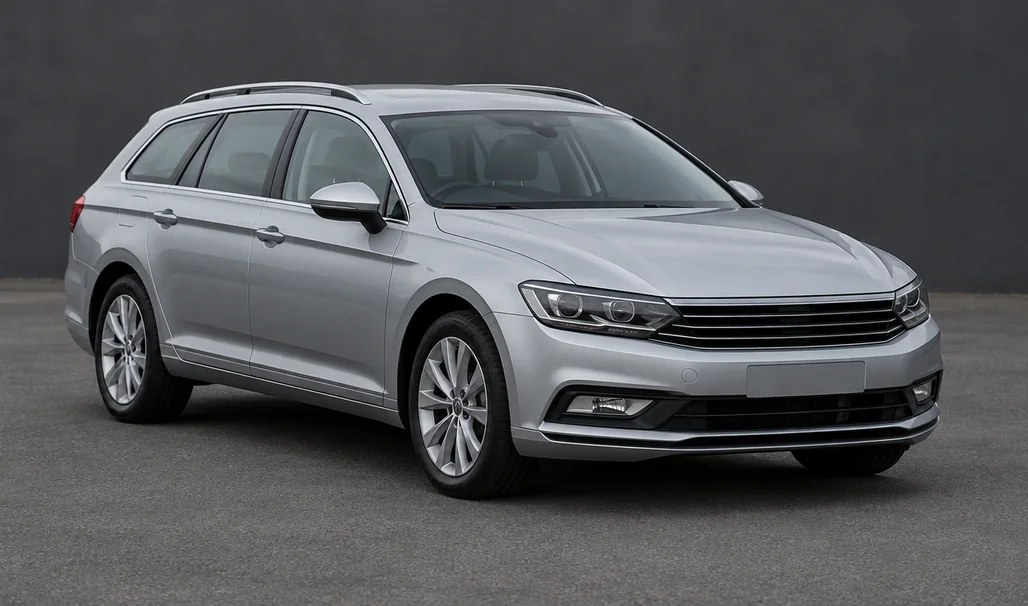 A silver estate car photographed three-quarter front on the forecourt