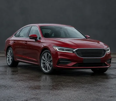 A deep red four-door saloon photographed three-quarter front