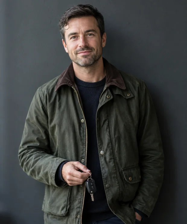 Daniel Reeve, photographed against a plain charcoal wall, holding his car keys